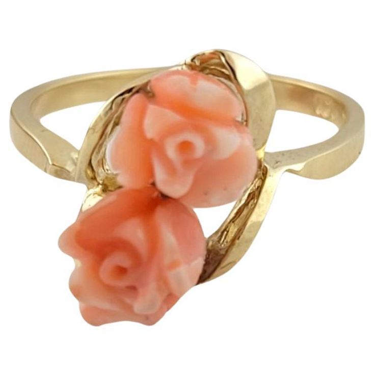 This gorgeous 10K gold ring features a beautifully detailed coral rose on top! Ring size: 6.5 Shank: 2mm Front: 13mm X 9.6mm X 9mm Weight: 2.95 g/ 1.9 dwt Hallmark: 10K Very good condition, professionally polished. Will come packaged in a gift box or pouch (when possible) and will be shipped U.S. Priority Mail Insured. MM053123/17KCS Formal Rose Flower Shaped Rings, Formal Rose Flower Rings, Formal Rose Colored Flower Shaped Rings, Formal 14k Gold Rings With Rose Design, Formal Flower Shaped Rings With Rose Design, Formal Flower-shaped Ring With Rose Design, Formal Flower Shape Rose Design Ring, Formal Flower-shaped Rose Design Ring, Rose Colored Fine Jewelry Rings For Formal Occasions