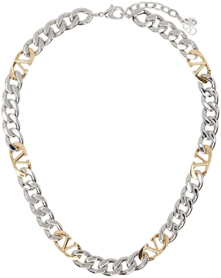 Valentino Garavani: Silver VLogo Chain Necklace | SSENSE Silver Metal Jewelry With Metal Logo, Silver Metal Jewelry With Logo, Silver Necklace With Silver-tone Logo Plaque, Modern Metal Jewelry With Logo, White Gold Necklace With Silver-tone Logo Plaque, Luxury Silver Chain Necklace With Logo Charm, Metal Chain Link Necklace With Logo Charm, Valentino Necklaces, Curb Chain Necklace