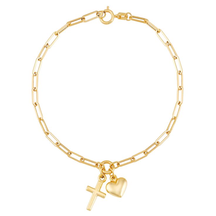 With symbols of love and faith, this beautiful paperclip bracelet in 14K yellow gold makes a perfect keepsake gift for any occasion. | Paperclip Bracelet with Heart and Cross Charms | 14K Yellow Gold, 7.25" | Size 7.5" | Helzberg Diamonds Heart And Cross, Paperclip Bracelet, Bracelet With Charms, Bracelet With Heart, Cross Heart, Dance Outfit, Helzberg Diamonds, Cross Bracelet, Statement Bracelet