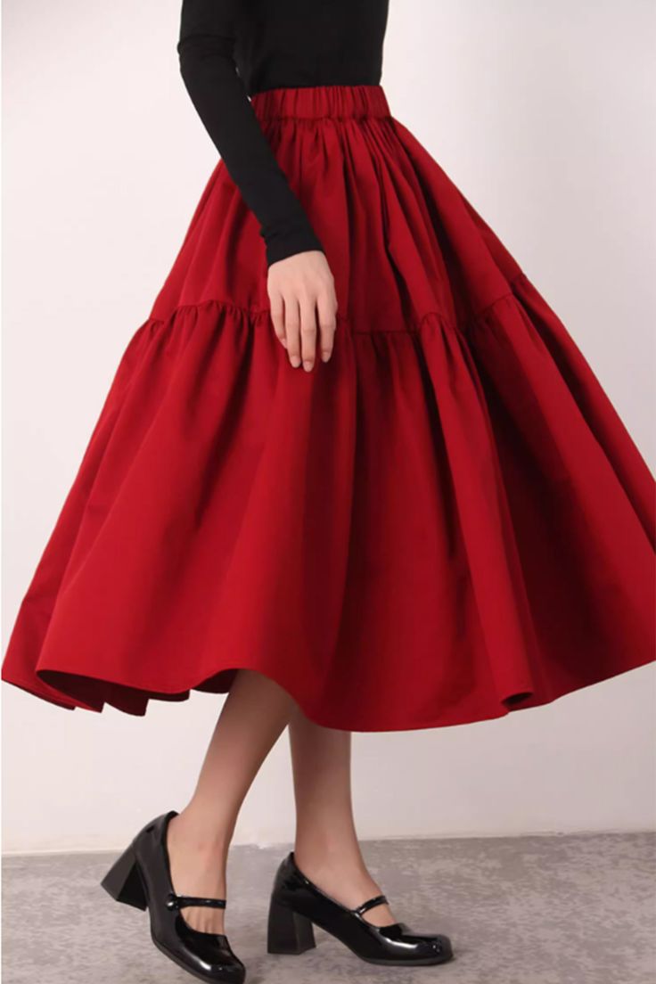 Casual Red Gathered Skirt, Red Skirt With Elastic Waistband For Spring, Red Gathered Skirt For Spring, Red Cotton Flared Skirt Bottoms, Red Cotton Long Skirt, Red Skirt With Elastic Waistband, Red Solid Color Skirt For Spring, Red Cotton Lined Skirt, Red Cotton Maxi Skirt For Spring