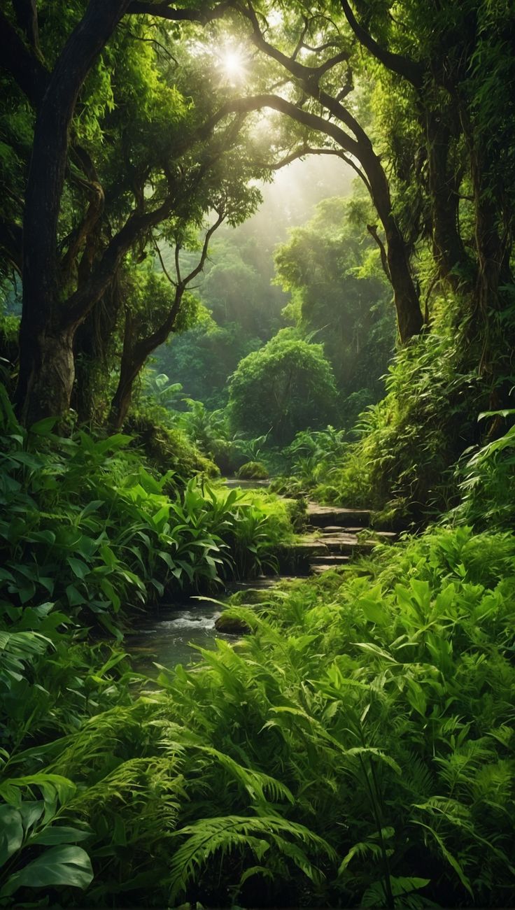 the sun shines through the trees and leaves as it peeks out from behind some ferns