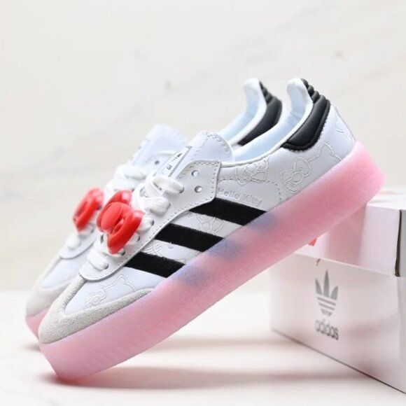 Hello kitty Adidas Women Sambae Hello Kitty Adidas, Samba Shoes, Hello Kitty Shoes, Adidas Pink, Adidas White, Adidas X, Shoes Adidas, Pink Adidas, Shoes Color