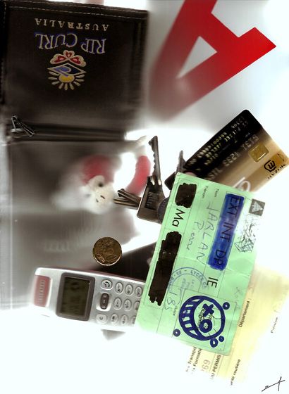 a wallet, credit card and other items are on the table