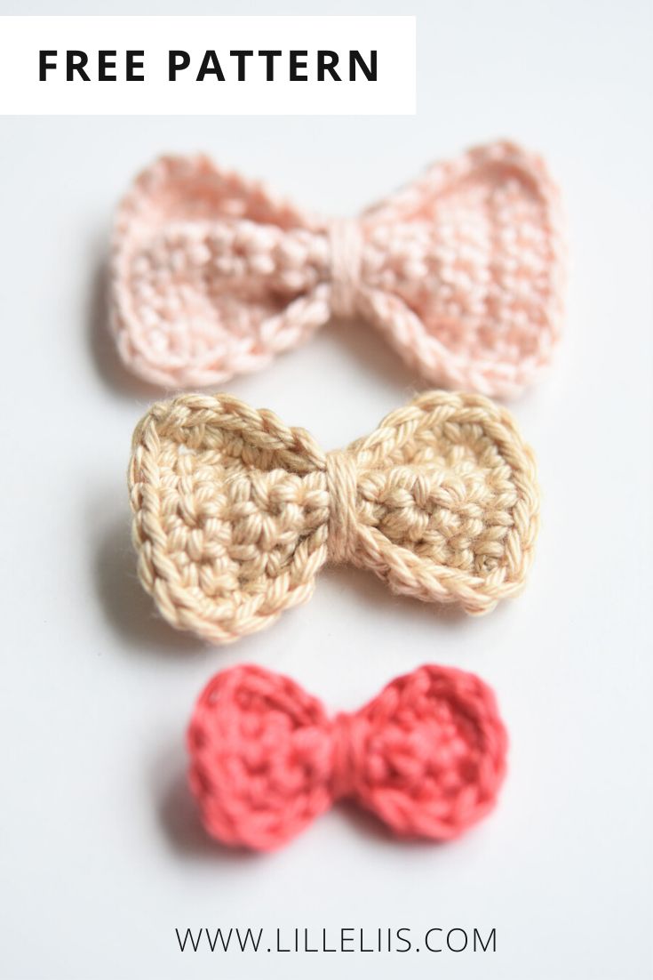 three crocheted bows with the text free pattern