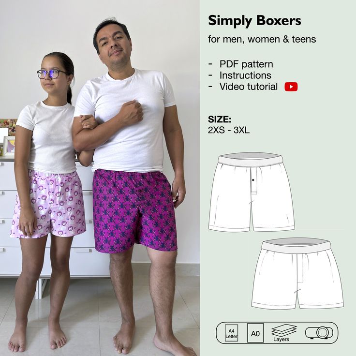 SEWING PATTERN: SIMPLY BOXERS Our "Simply Boxers" PDF sewing pattern is an essential part of our "As Good As Free" campaign. At its low cost, you can't go wrong by choosing it to create comfortable and cheerful boxer shorts. This unisex pattern is available in a wide range of sizes, allowing you to sew for your teen, husband, and yourself. It offers two length options: shorts and Bermuda length. You can choose to sew the advanced version with a real mock fly and a clean waistband finishing without visible seams, or the beginner version with the faux mock fly and an easy waistband attachment. These boxers can be used as underwear, sleepwear, or loungewear, depending on the chosen fabric. This pattern makes creating these versatile boxers pretty easy. The pattern instructions and YouTube vid Mens Boxer Shorts Pattern, Boxer Pattern, Boxer Shorts Pattern, Boxers Men, Long Johns, Boxer Shorts, Pdf Sewing Patterns, Patterned Shorts, Low Cost