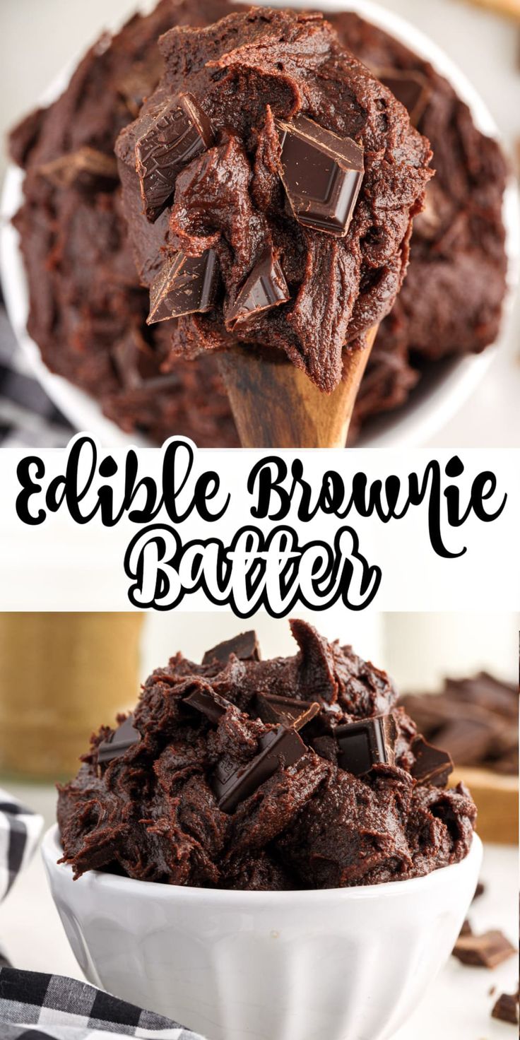 chocolate brownie batter in a white bowl with the words edible brownie batter above it