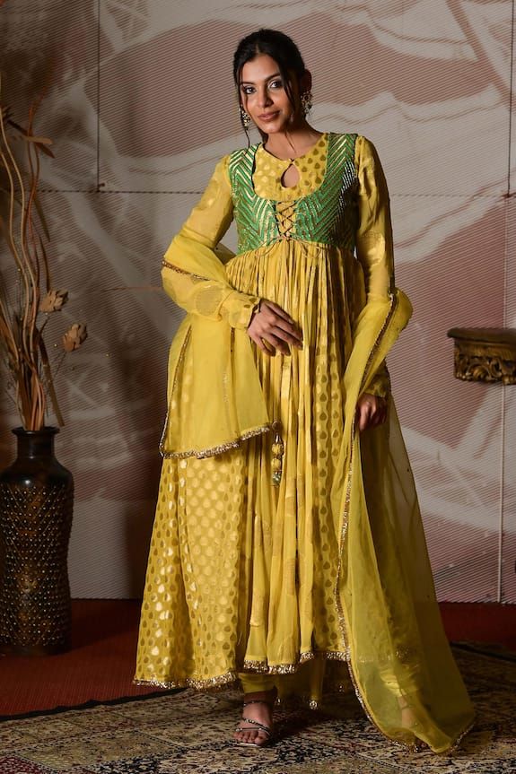 Yellow and green banarasi georgette flared anarkali with cutdana hand embroidery. Comes with stretch satin churidar, a banarasi brocade jacket and an organza dupatta. - Aza Fashions Satin Churidar, Flared Anarkali, Yellow Anarkali, Brocade Jacket, Banarasi Brocade, Organza Dupatta, Embroidered Jacket, Stretch Satin, Churidar