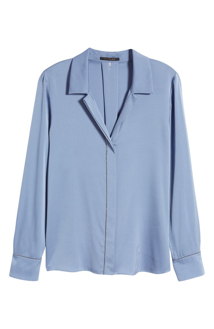 Polish off your workday ensemble with this career-driven shirt elevated in luxe silk and punctuated with an inverted back pleat. 26" length Front button closure Notched collar Long sleeves with two-button cuffs 91% silk, 9% elastane Dry clean Imported Silk Button-up Shirt For Office, Collared Blouse With Concealed Placket For Work, Sleek Spread Collar Blouse For Work, Sleek Blouse With Spread Collar For Work, Formal Blouse With Lapel Collar And Placket, Spring Silk Blouse For Business, Silk Business Blouse For Spring, Silk Workwear Shirt With Placket, Collared Silk Blouse For Office Wear