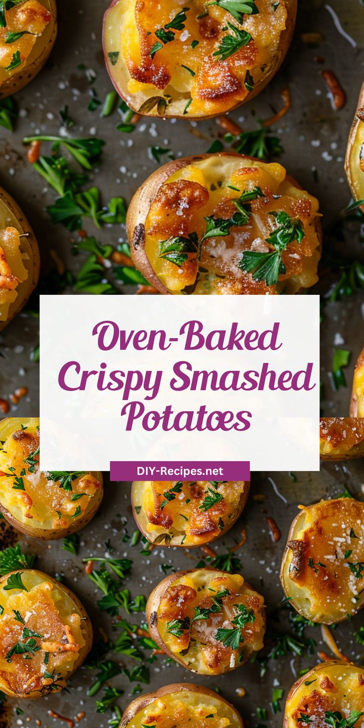 oven baked crispy smashed potatoes with parsley on top and title overlay reads oven baked crispy smashed potatoes