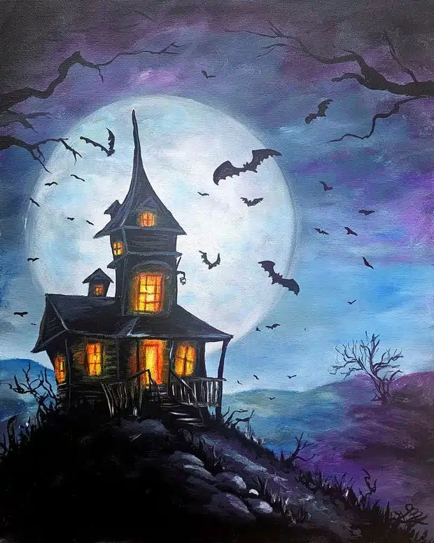 a painting of a house with bats flying around it