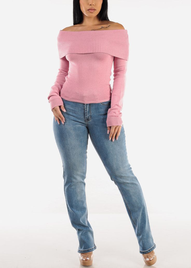 Pink Color
 Available in other colors. 
Solid. 
Long Sleeve. Slip on style. No pockets. Off Shoulder.  Knit Material made from 52% Viscose, 30% Polyester, 18% Nylon Hand wash cold; Dry Flat Length from high point of shoulder to hem 19".   Imported
Measured from and model wearing size Small 
 SKU: 41028H_90221WJPNK Chic Winter Tops With Pockets, Pink Ribbed Outerwear For Fall, Fitted Ribbed Top For Cold Weather, Trendy Knit Tops With Pockets, Trendy Winter Tops With Pockets, Fitted Tops For Cold Weather, Fitted Casual Tops For Cold Weather, Casual Fitted Tops For Cold Weather, Ribbed Casual Tops For Cold Weather