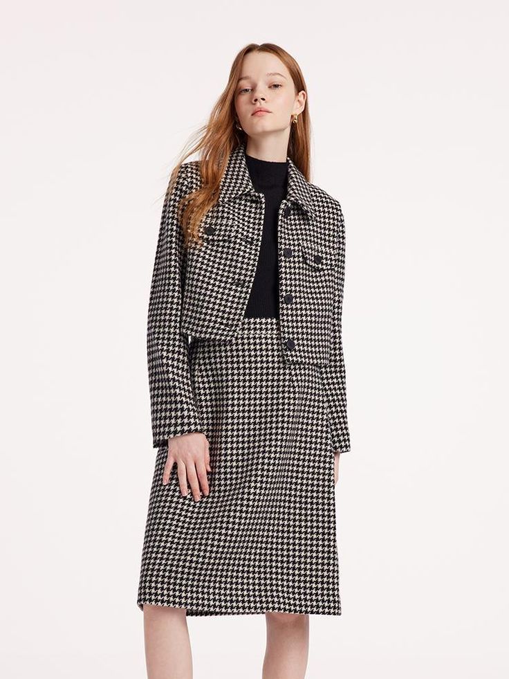 Elegant Winter Wool Skirt Suit, Fall Business Casual Skirt Suit With Suit Collar, Elegant Wool Houndstooth Outerwear, Elegant Houndstooth Tweed Jacket For Workwear, Classic Wool Skirt Suit For Work, Elegant Wool Skirt Suit For Fall, Chic Tailored Tweed Skirt Suit, Classic Wool Long Sleeve Skirt Suit, Wool Skirt Suit For Tailoring