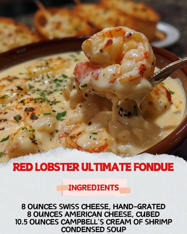 red lobster ultimate fondue recipe with instructions on the side and in a brown bowl