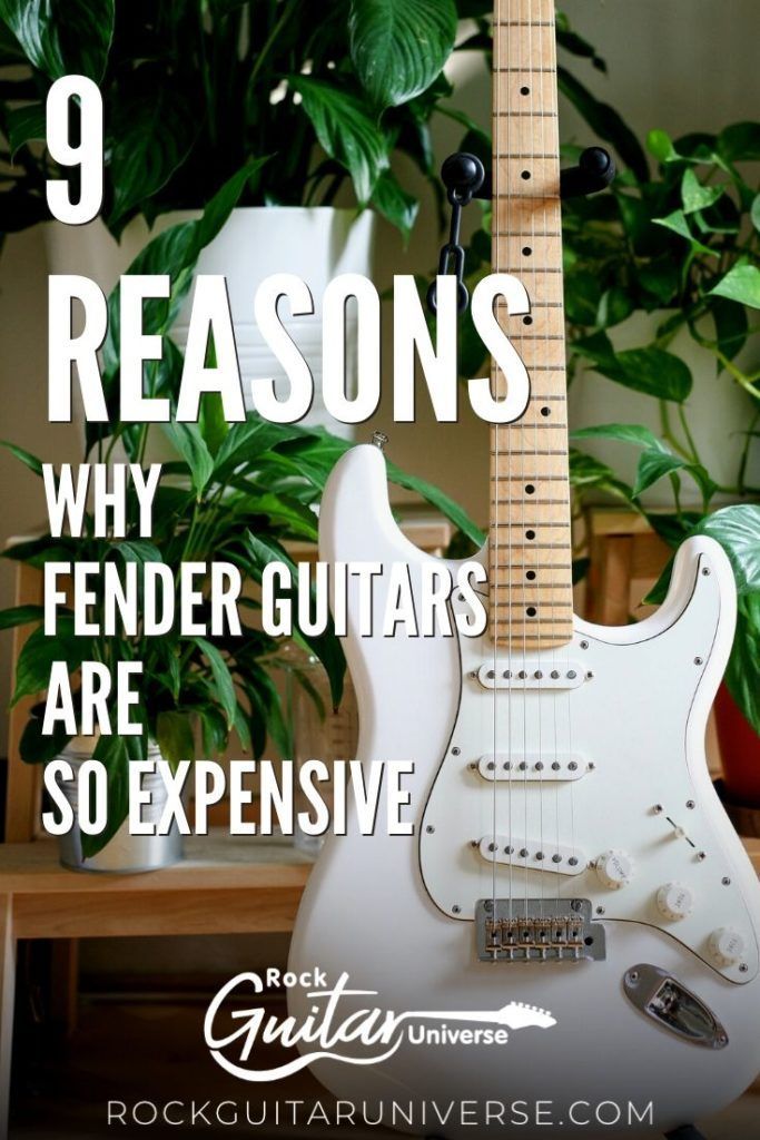 an electric guitar sitting on top of a table next to a potted plant with the words 9 reasons why fender guitars are so expensive