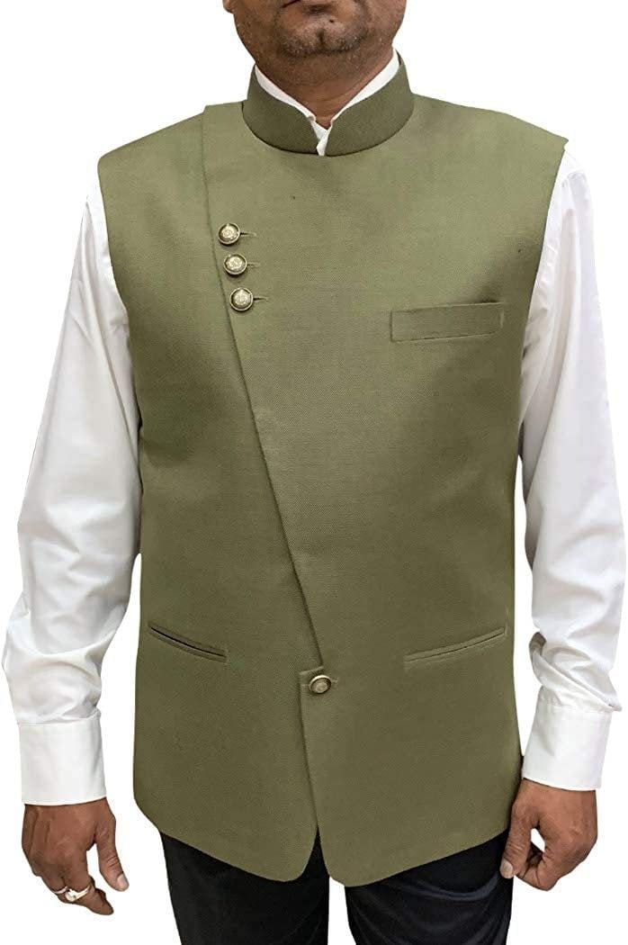 Mens Olive green Indian Nehru Waist Coat 4 button made in polyester fabric. The cost includes only one Nehru Vest. Men's fashion business suit vest for formal or casual occasions; wedding; groomsman vest; party and more Made in India; Dry-clean only Spring Wedding Green Bandhgala, Elegant Green Vest For Formal Occasions, Green Sleeveless Fitted Nehru Jacket, Elegant Green Formal Vest, Fitted Green Nehru Jacket For Spring, Green Fitted Nehru Jacket For Spring, Formal Fitted Green Vest, Classic Green Formal Vest, Fitted Green Formal Vest