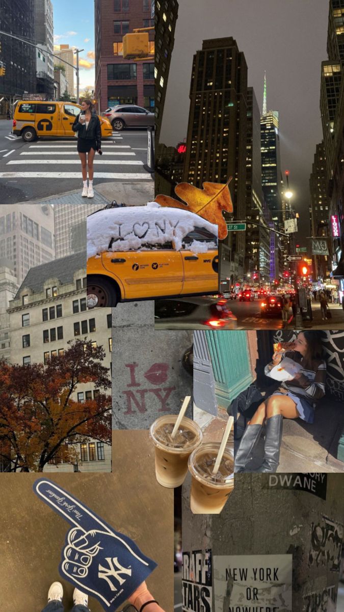 a collage of photos with people and vehicles in the city, including taxi cabs