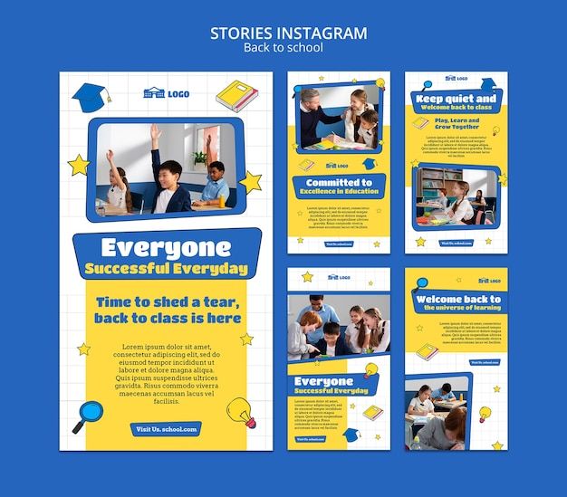 the back to school brochure is shown in blue, yellow and white colors