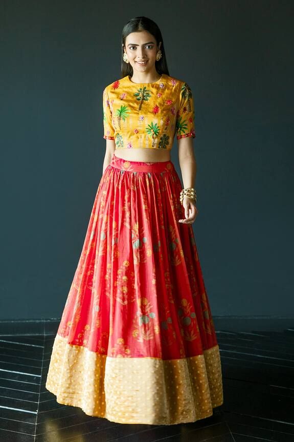 Red floral print tissue chanderi base lehenga with contrast hem. Paired with yellow thread and sequin embroidered blouse. - Aza Fashions Red Kalamkari Print Lehenga For Festivals, Red Kalamkari Print Choli For Wedding, Floral Print Chanderi Lehenga For Navratri, Red Kalamkari Print Lehenga In Traditional Drape, Red Kalamkari Print Lehenga With Traditional Drape, Red Kalamkari Print Choli With Traditional Drape, Red Lehenga With Kalamkari Print In Traditional Drape, Chanderi Lehenga With Floral Print For Navratri, Red Anarkali Sharara With Kalamkari Print