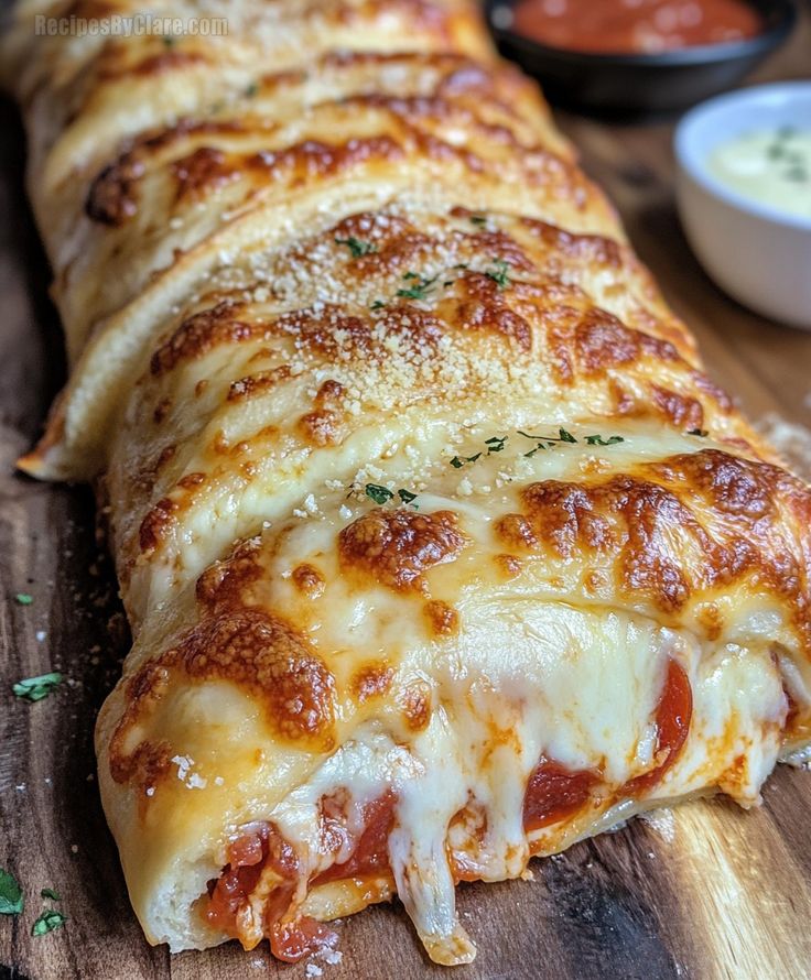 a cheesy pizza on a wooden cutting board