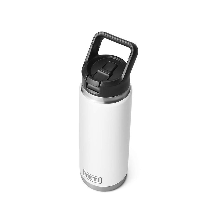 a white and black insulated water bottle on a white background with the lid up