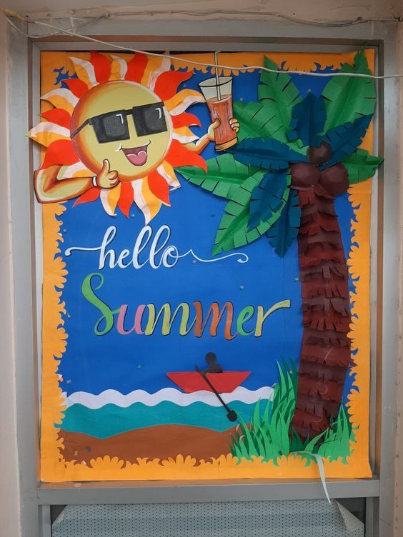 a bulletin board with the words hello summer written on it and a palm tree in front