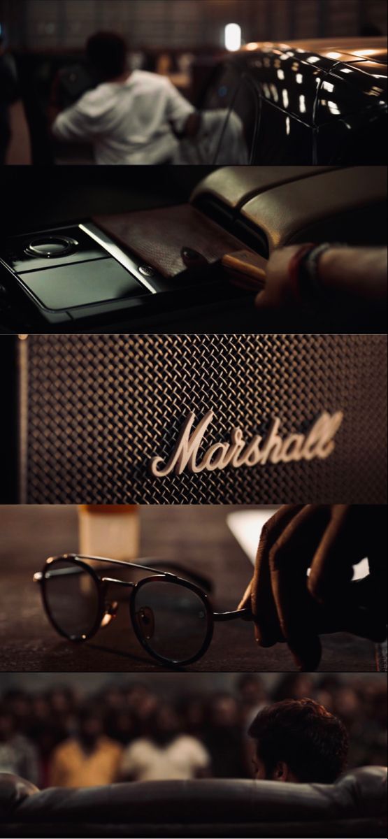 three different shots of sunglasses and a cell phone with the words marshall written on them