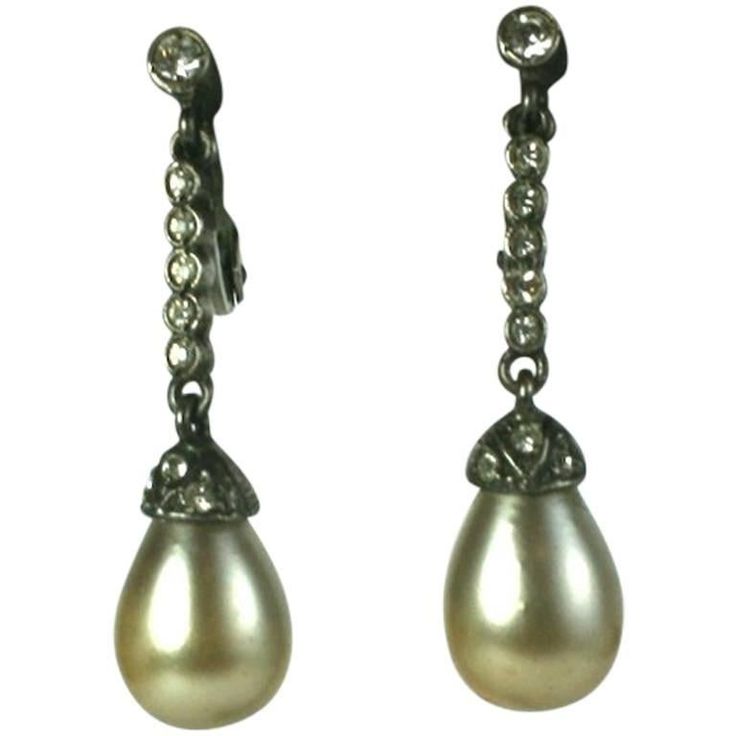 Elegant French Art Deco sterling silver and crystal paste articulated drop earrings with faux tear drop pearls. 1920's Germany. Clip back fittings. Excellent Condition. Length 1..50" Width .25" Victorian Drop Earrings, Pasta Art, Grey Pearl Earrings, Diamond Chandelier Earrings, Vintage Drop Earrings, Sapphire And Diamond Earrings, Tahitian Black Pearls, White Gold Sapphire, Pearl And Diamond Earrings