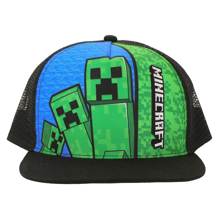 Elevate your style with the Minecraft Youth Trucker Hat. This cool cap features embroidered images of creepers alongside the iconic Minecraft logo, adding a touch of adventure to your outfit. The mesh back ensures breathability, while the traditional snapback allows for a customizable fit. Made with high-quality cotton, this officially licensed hat is both comfortable and durable. Whether you're exploring the virtual world or out and about, this Minecraft trucker hat is the perfect accessory. Green Adjustable Mesh Snapback Hat, Adjustable Green Mesh Snapback Hat, Outdoor Snapback Trucker Hat, Adjustable Green Themed Hat, Adjustable Themed Green Hat, Themed Adjustable Baseball Cap, Adjustable Novelty Sports Hats, Themed Snapback Hat One Size, Adjustable Themed Cap Style Hat