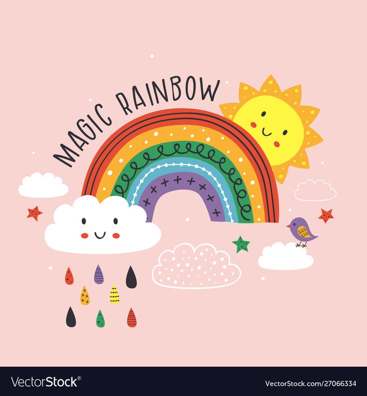 a rainbow and clouds with the words magic rainbow on it's pink back ground