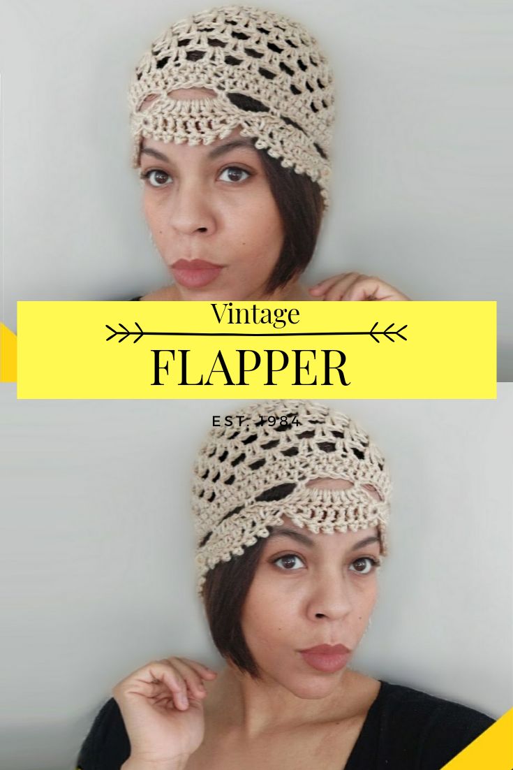 two images of a woman wearing a crochet headband and the words vintage flapper above her