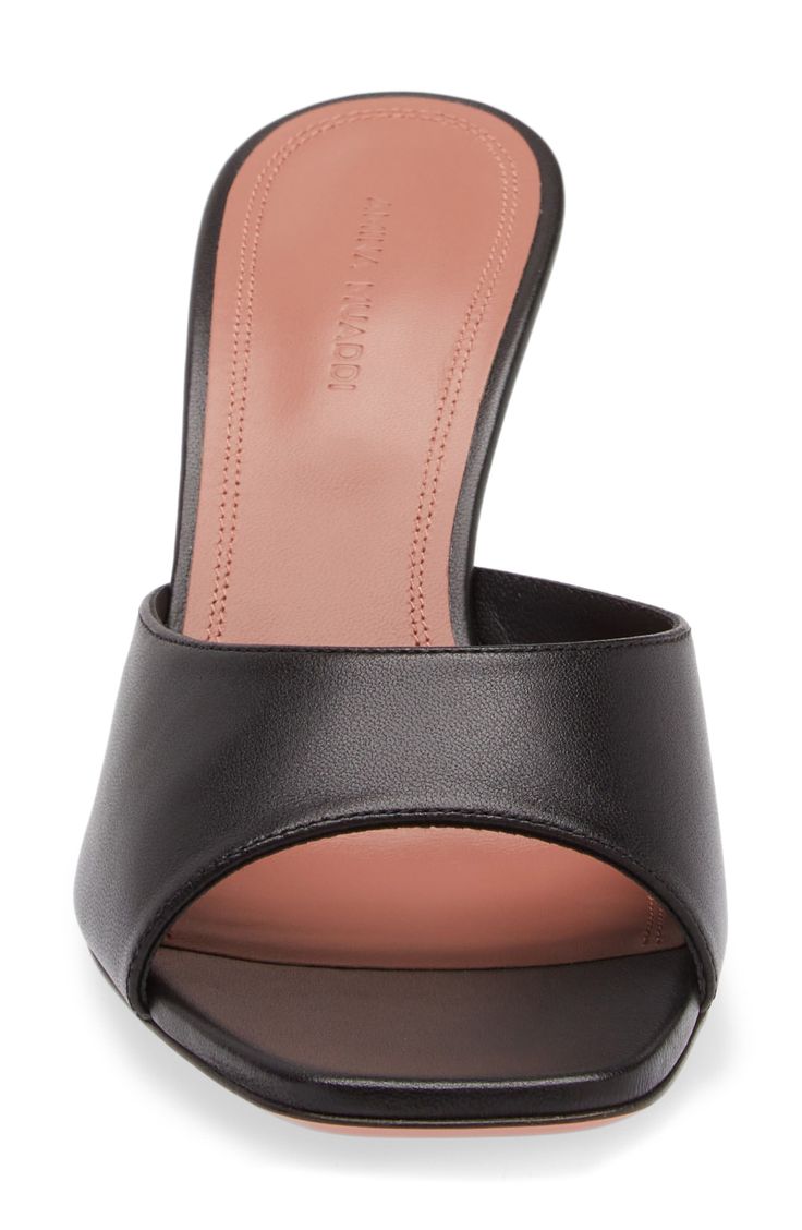 Perched on a signature flared heel, this square-toe Italian slide sandal with an easy silhouette is an all-out glamorous look. 2 3/4" (70mm) heel Leather upper and lining/leather and synthetic sole Made in Italy Designer Shoes Luxury Sandals With 4-inch Heel And Square Toe, Elegant Square Toe Summer Slides, Fitted Evening Mules With Branded Heel Counter, Elegant Formal Slides With Square Toe, Summer Evening Slides With Sculpted Heel, Elegant Leather Slides With Sculpted Heel, Chic Square Toe Formal Slides, Formal Mules With Sculpted Heel And Single Toe Strap, Evening Mules With Padded Open Heel