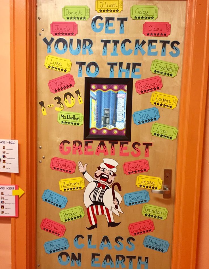 a door decorated with colorful stickers and writing on it that says get your tickets to the greatest class on earth