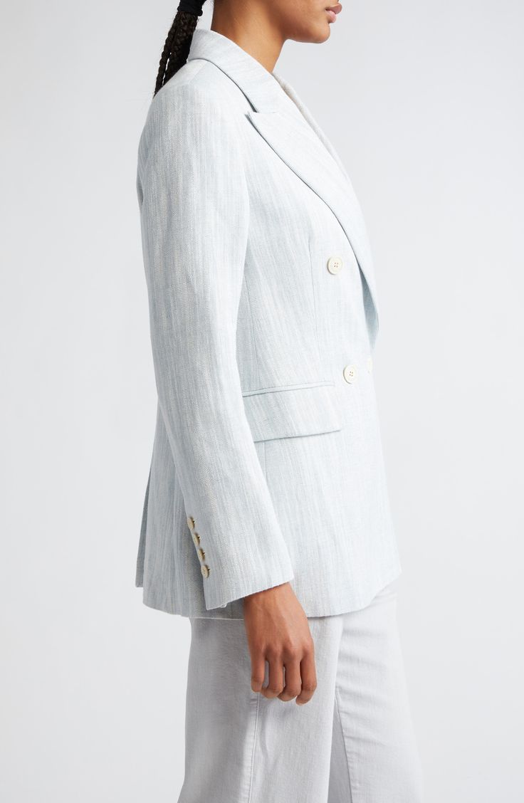 Raw edges and a softly structured silhouette bring a relaxed aesthetic to this notched-lapel blazer tailored from a textural linen blend. Two-button closure Notched lapels Four-button cuffs Front flap pockets Back vents 58% linen, 42% viscose Dry clean Made in Italy Designer Clothing Relaxed Aesthetic, Lapel Blazer, Flap Pocket, Linen Blend, Baby Blue, Designer Clothing, Dry Clean, Nordstrom, Bring It On