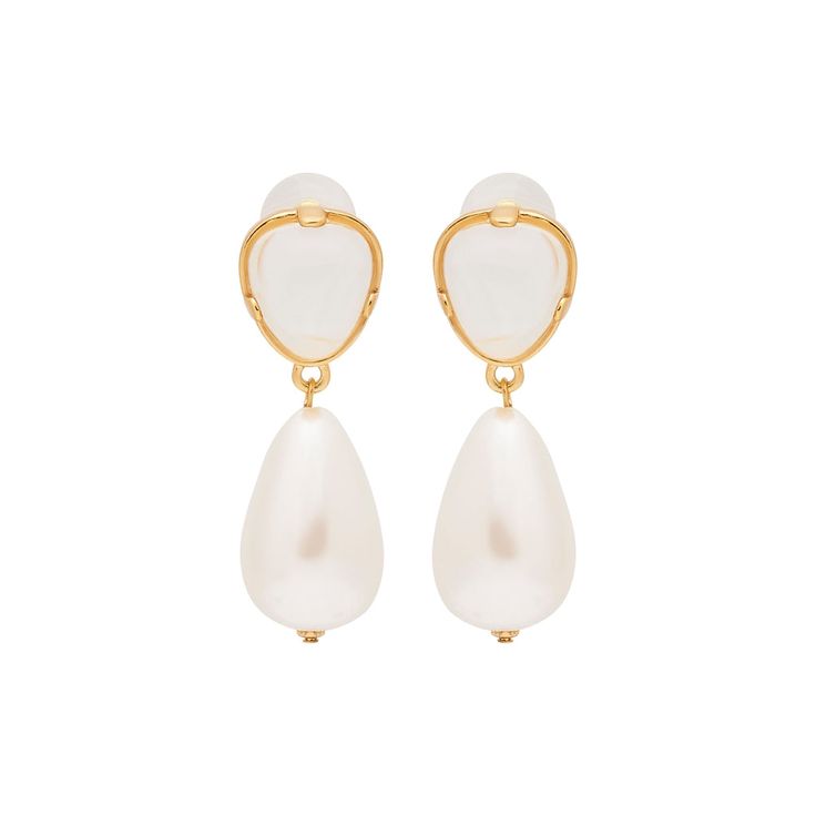 Clear & Pearl Drop Pierced Gold Earrings Luxury White Pearl Embellished Earrings, Formal Pearl Clip-on Earrings, Elegant White Pearl Embellished Earrings, Pearl White Teardrop Jewelry For Evening, Pearl White Teardrop Bridal Earrings For Party, Glamorous Pearl White Earrings For Formal Occasions, White Pear-shaped Bridal Earrings For Party, Pear-shaped White Bridal Earrings For Party, White Pear-shaped Party Jewelry