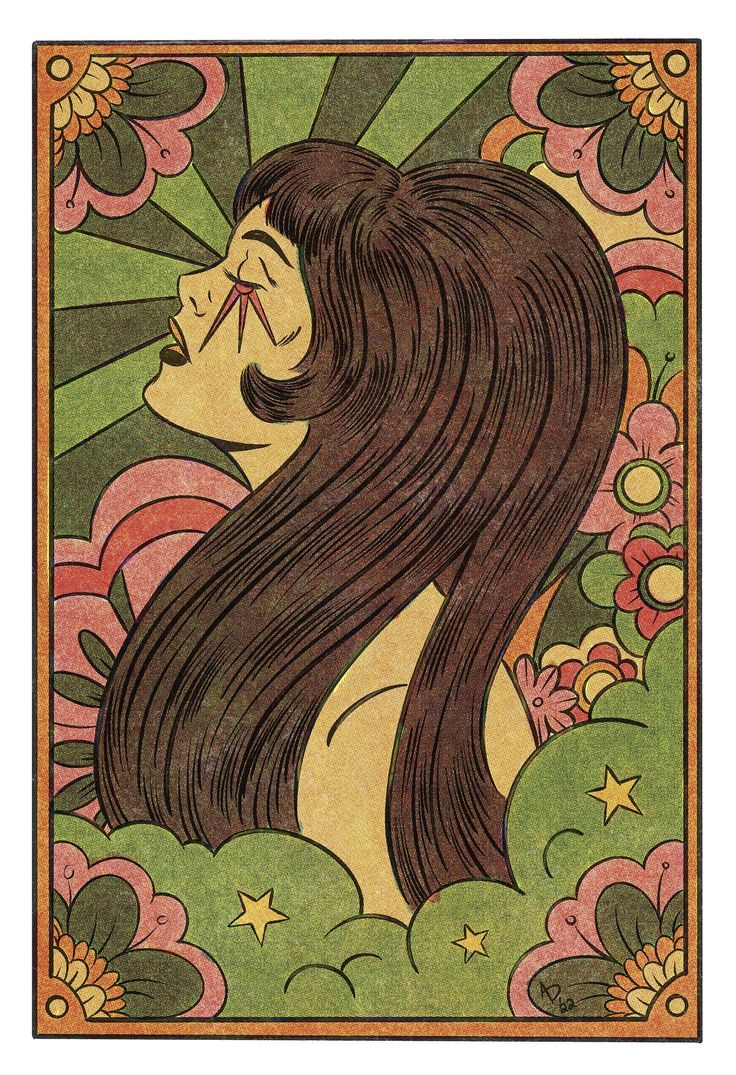 a drawing of a woman with long hair and stars on her face, surrounded by flowers