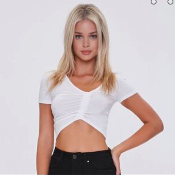 Brand New White Ruched Crop Top Trendy Ruched V-neck Top, Trendy Ruched Crop Top, Trendy Ruched V-neck Crop Top, Ruched V-neck Crop Top For Spring, Spring Ruched V-neck Crop Top, Spring V-neck Ruched Crop Top, Chic V-neck Crop Top Forever 21, Trendy V-neck Crop Top By Forever 21, Forever 21 Trendy V-neck Crop Top