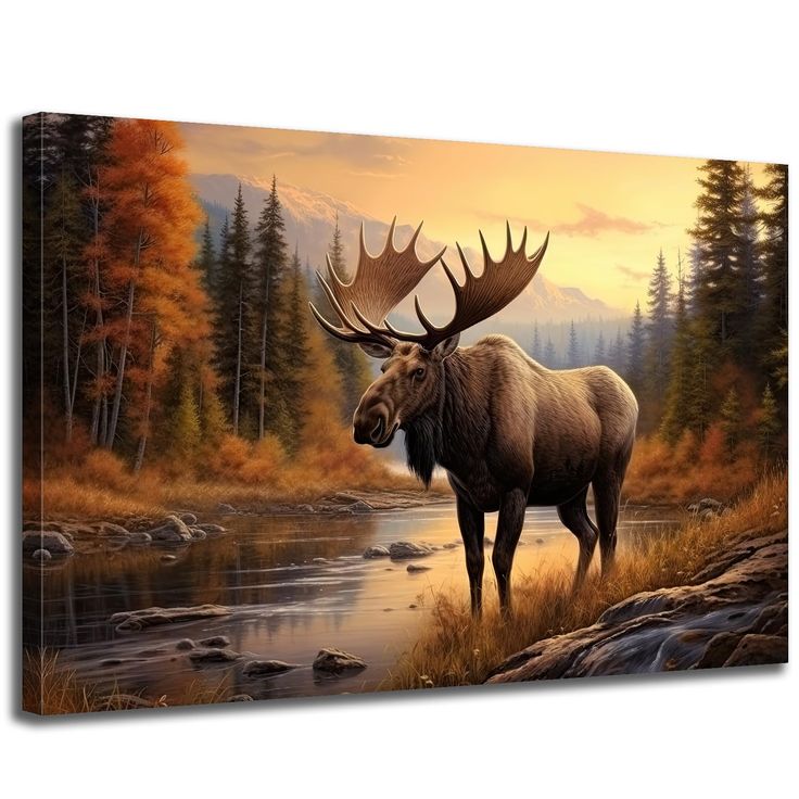 an oil painting of a moose in the wilderness