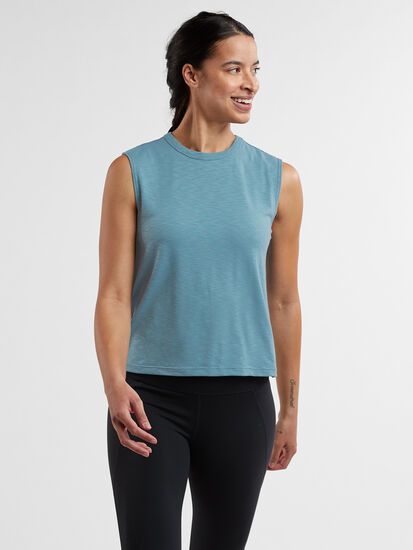 Women's Tank Top: Ravine | Title Nine Sporty Muscle Tee For Everyday, Relaxed Fit Muscle Tee Tank In Athleisure Style, Relaxed Fit Muscle Tee Tank For Athleisure, Functional Go-dry Crew Neck Muscle Tee, Athleisure Tank Top For Yoga With Relaxed Fit, Relaxed Fit Tank Top For Yoga In Athleisure Style, Relaxed Fit Athleisure Tank Top For Yoga, Athleisure Relaxed Fit Tank Top For Yoga, Relaxed Fit Sleeveless Tank Top For Yoga