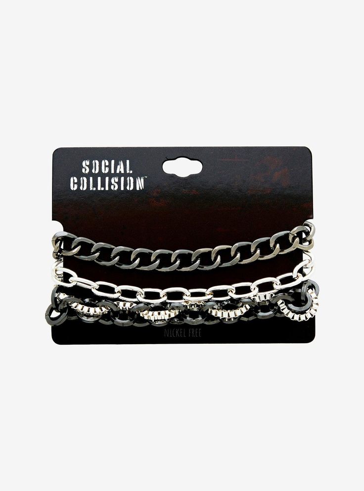 Chain-ge up your look with the perfect accessories! This bracelet set has gunmetal-tone chains and silver-tone chains  one with both intertwined. Edgy Adjustable Metal Chain Bracelet, Adjustable Edgy Metal Chain Bracelet, Edgy Silver Metal Chain Bracelet, Gunmetal Metal Chain Bracelets, Gunmetal Chain Bracelet In Metal, Punk Style Gunmetal Chain Jewelry, Metal Punk Style Chain Bracelet, Trendy Black Metal Chain Bracelet, Gunmetal Chain Link Bracelet