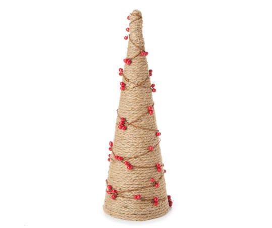 a small christmas tree made out of rope and red berries on the top, with a white background