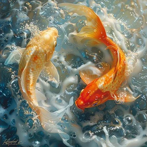 two orange and white koi fish swimming in water with bubbles on the bottom surface