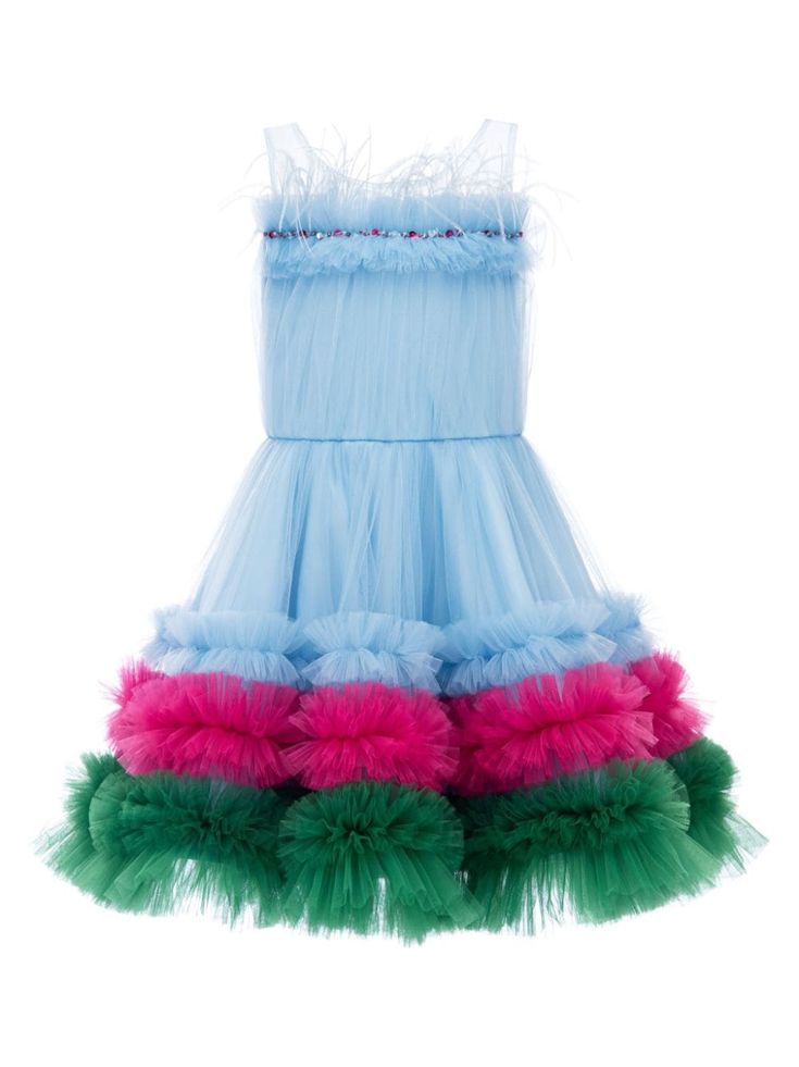 blue/pink/green tulle overlay crystal embellishment mesh detailing ruffled detailing round neck sleeveless A-line skirt Green Embellished Tulle Dress, Spring Embellished Tulle Dress, Light Blue Embellished Tulle Dress, Blue Tulle Dress For Summer, Green Ruffled Tulle Dress, Summer Embellished Tulle Dresses, Green Tulle Dresses With Ruffles, Multicolor Organza Dress For Party, Green Tulle Dress With Ruffles