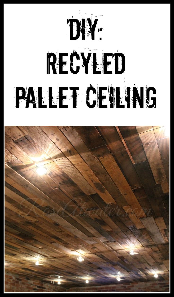 the cover of diy recycled pallet ceiling with lights on it and wood planks