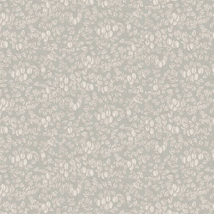 a gray and white wallpaper with small leaves on the top, in an ornate pattern