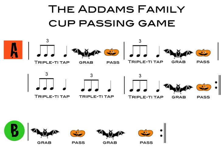 the addams family cup passing game is shown with music notes and pumpkins on them