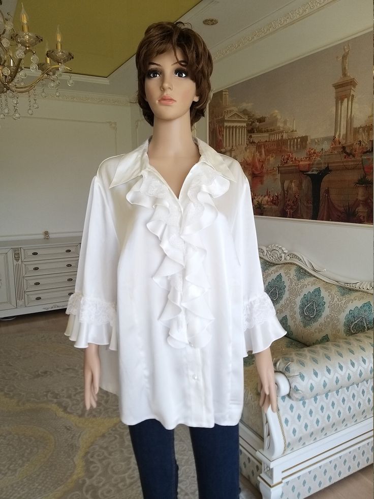 "Ruffle blouse ivory blouse ivory Ruffle shirt 3XL boho shirt womens shirt classic blouse pirate blouse poet shirt poet blouse evening blous Please refer to photos for details of condition. Condition: very good vintage Measurements : Length: 71 cm/28\" Sleeve : 43 cm/17\" Shoulder to shoulder: 47 cm/18.5\" Bust: 140 cm/55\" Waist 140 cm/55\" Tag Size: D/NL -52 F/B-54 GB26R I-58 note The color on the pictures may vary due to monitor settings and light reflections. Ready to ship Please do not hesi Chic White Non-stretch Blouse, White Non-stretch Blouse With Lace Trim, Spring Lace Trim Blouse, White Lace Trim Blouse, Non-stretch Summer Blouse With Lace Trim, Elegant Long Sleeve Shirt For Daywear, Chic Lace Trim Tops, Chic Long Sleeve Shirt, Chic Non-stretch Long Sleeve Shirt