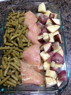 four pictures show different types of food including potatoes, green beans, and meats