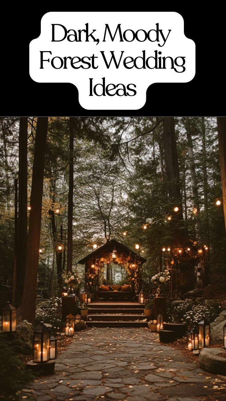 Dark and romantic forest wedding decors with earthy tones, natural elements, and dramatic lighting, perfect for an enchanting ceremony and unique reception. Dark Moody Outdoor Wedding, Moody Lighting Wedding, Moody Outdoor Wedding Ceremony, Wedding Color Schemes Moody, Moody Cottagecore Wedding, Moody Woodland Wedding, Dark Woodland Wedding, Dark Forest Wedding Theme, Moody Maximalist Wedding