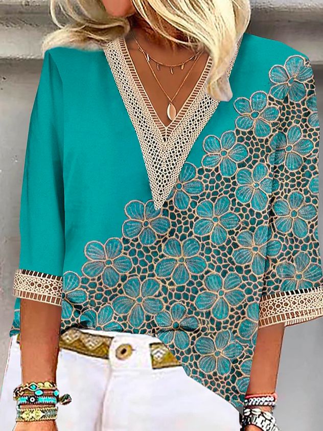 JustFashionNow offers stylish and concessional Shirts.. SPU: 211SH6LB91F, Color: Green, Pattern:Floral, Edition type:Loose. Trendy Long Sleeve V-neck Top For Summer, V-neck Floral Print Fall Shirt, Fall Floral Print V-neck Shirt, Green V-neck Shirt For Spring, Trendy V-neck Shirt For Vacation, Spring Floral Print V-neck Shirt, Casual Printed V-neck Blouse, Casual Printed V-neck Shirt, Casual V-neck Printed Blouse