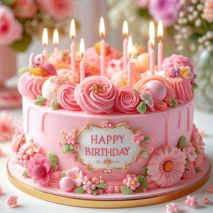 a pink birthday cake with flowers and candles